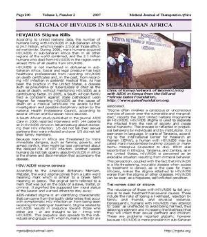 Stigma of HIV/AIDS in sub-Saharan Africa. Jennifer Withers MS. Medical Journal of Therapeutics Africa 2007,1(2):100-3.