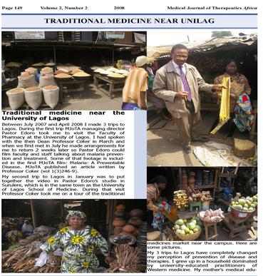 Traditional medicine near UniLag. Susanna J Dodgson BSc(Hons), PhD. Medical Journal of Therapeutics Africa 2008,2(2):149-50