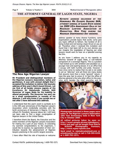 Olusupo Shasore SAN, the Attorney-General of Lagos State, Nigeria. The New Age Nigerian Lawyer. Medical Journal of Therapeutics Africa (http://mjota.org) 2010, 4(1):5-12